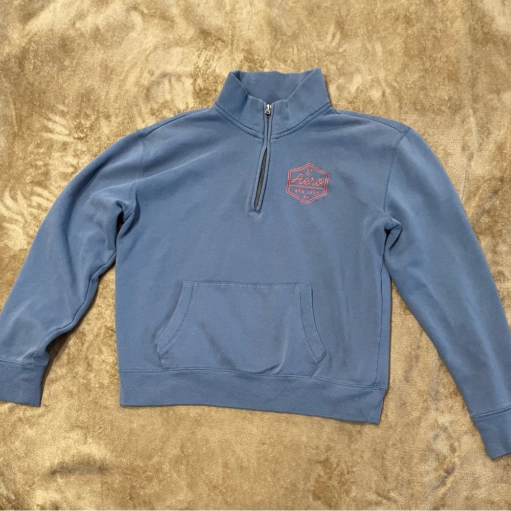 Woman's Blue Aeropostale Quarter Zip Sweatshirt With Pink Embroidered Detail
